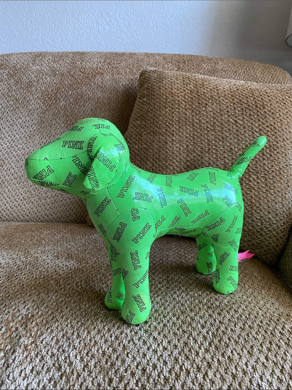 💚 PINK Victoria's Secret Large Neon Green Logo Dot Dog Plush